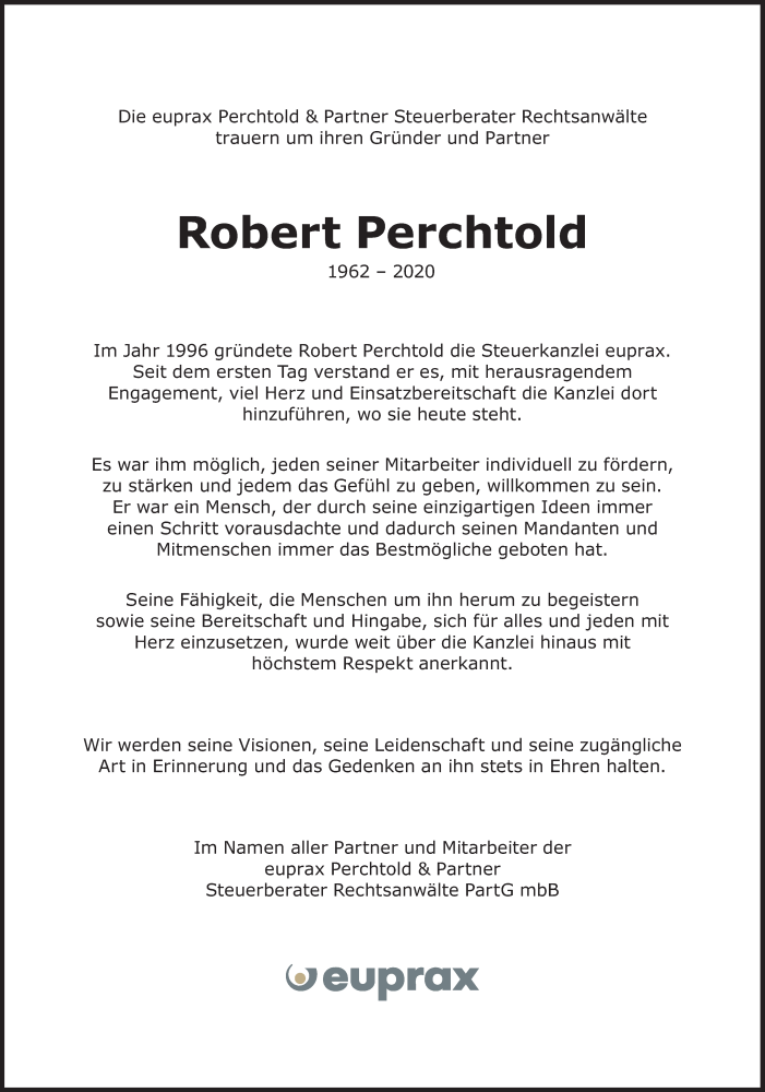  Traueranzeige für Robert Perchtold vom 11.01.2020 aus Süddeutsche Zeitung