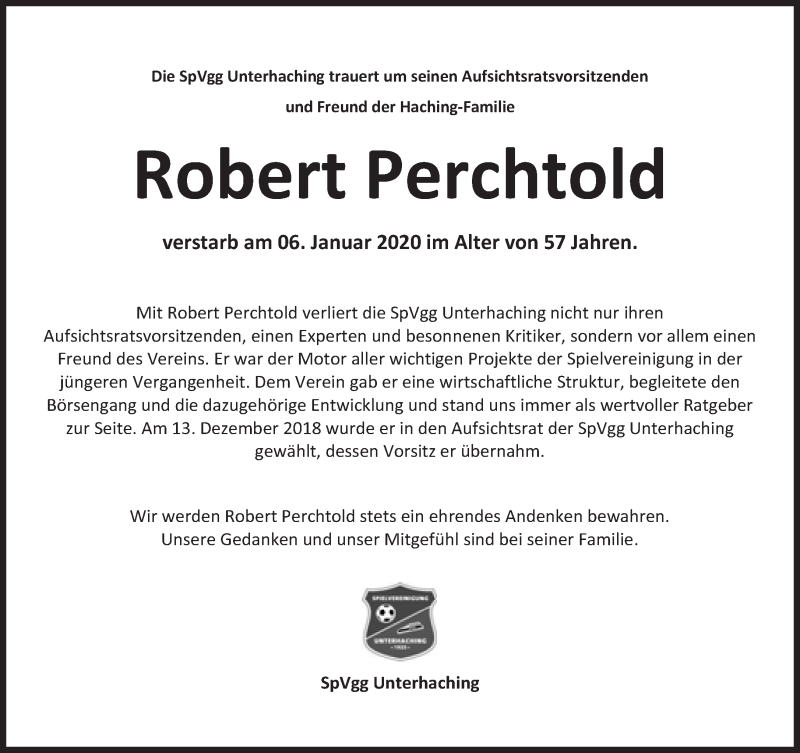 Traueranzeige für Robert Perchtold vom 15.01.2020 aus Süddeutsche Zeitung