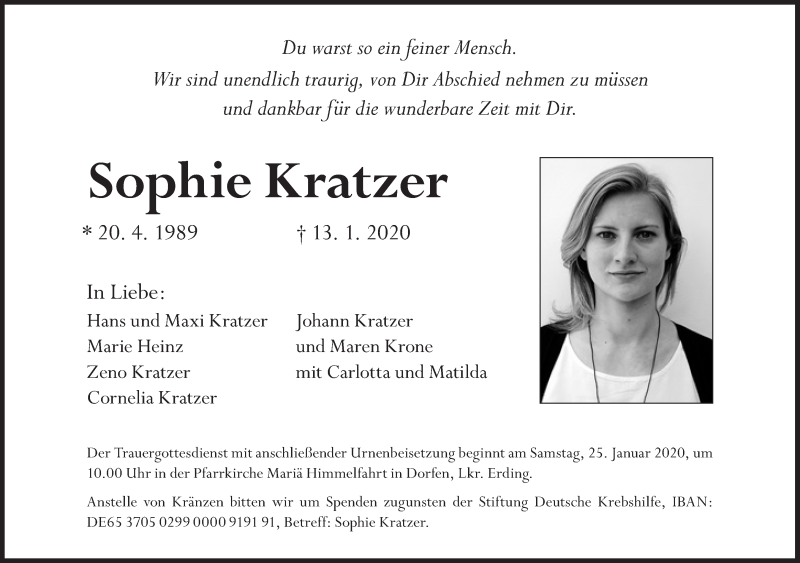  Traueranzeige für Sophie Kratzer vom 18.01.2020 aus Süddeutsche Zeitung
