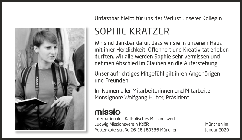  Traueranzeige für Sophie Kratzer vom 18.01.2020 aus Süddeutsche Zeitung
