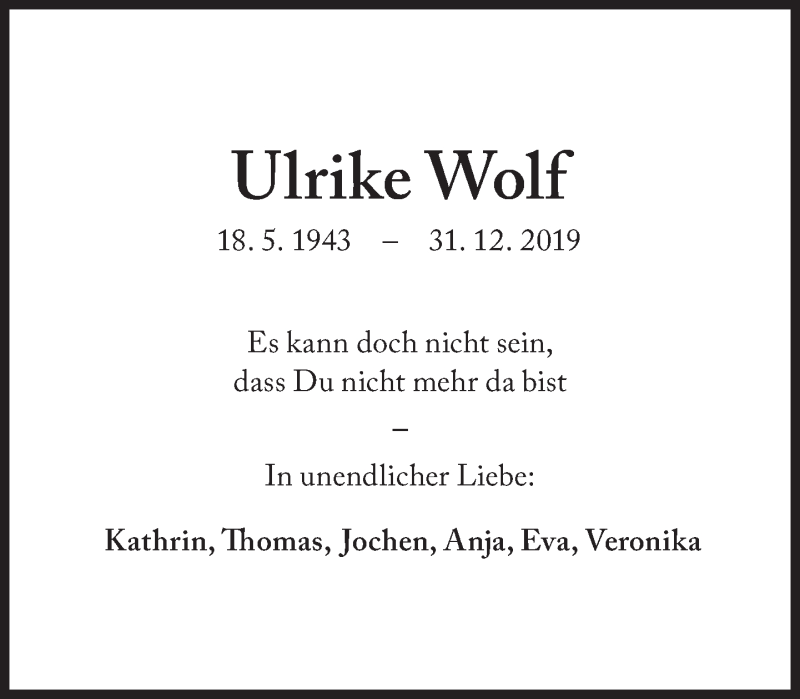  Traueranzeige für Ulrike Wolf vom 23.01.2020 aus Süddeutsche Zeitung