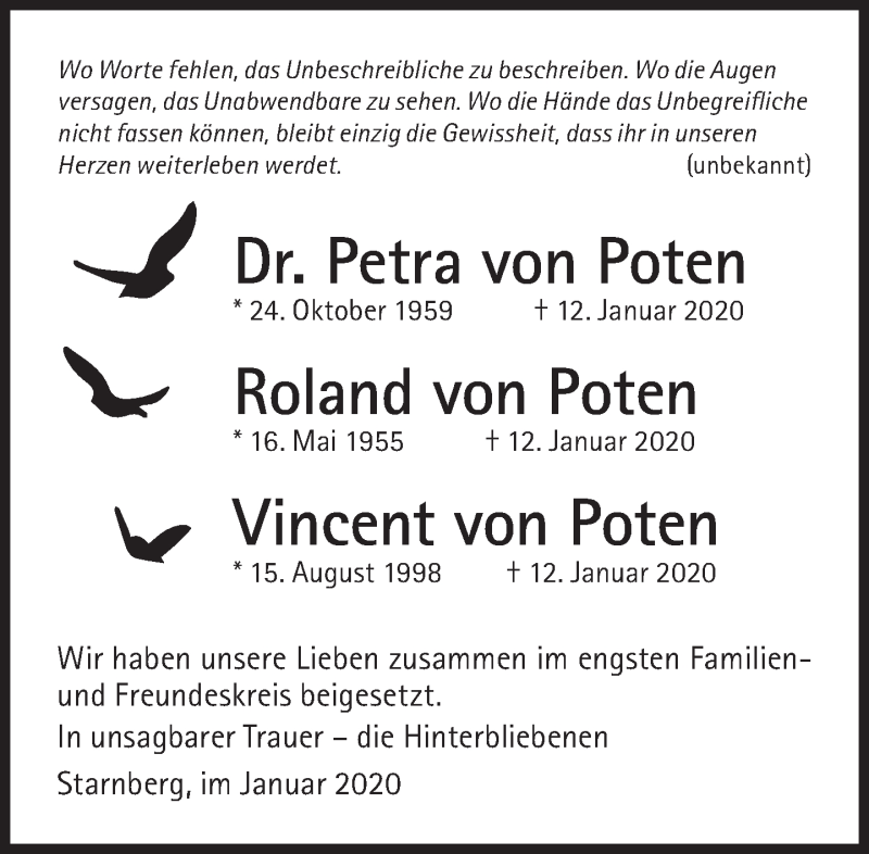  Traueranzeige für Vincent von Poten vom 25.01.2020 aus Süddeutsche Zeitung