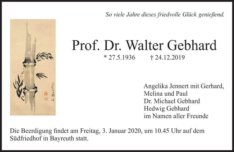  Traueranzeige für Walter Gebhard vom 02.01.2020 aus Süddeutsche Zeitung