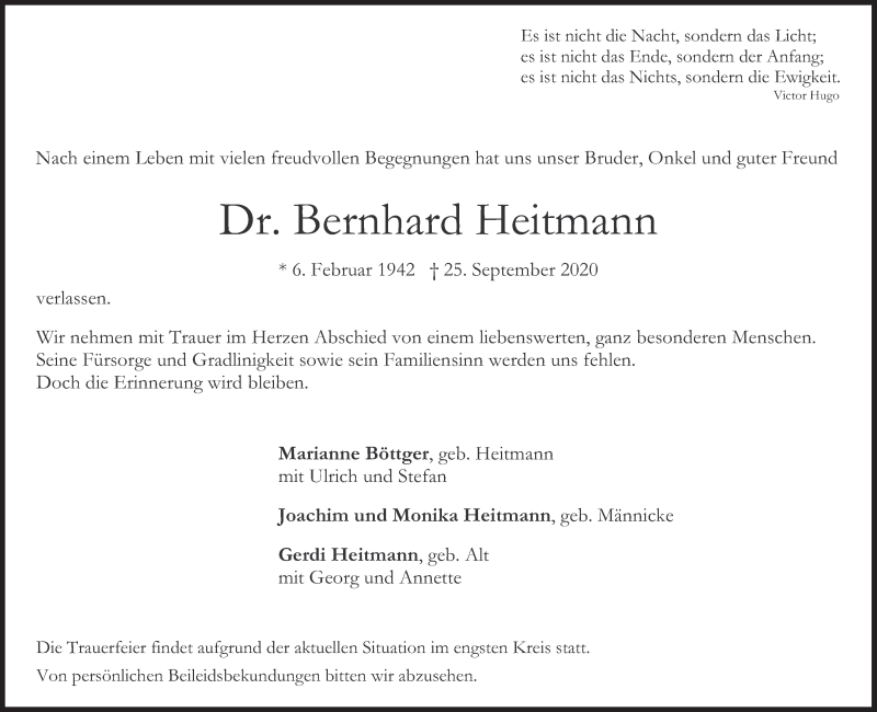  Traueranzeige für Bernhard Heitmann vom 10.10.2020 aus Süddeutsche Zeitung