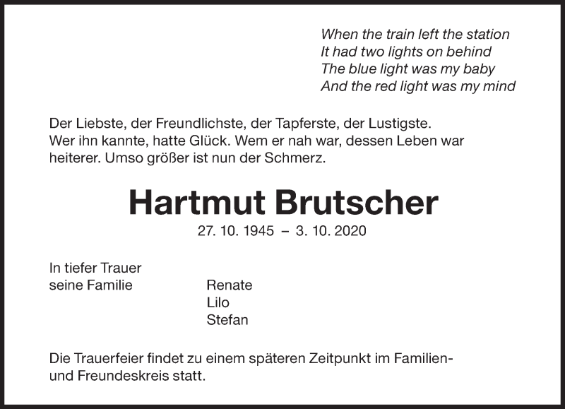  Traueranzeige für Hartmut Brutscher vom 10.10.2020 aus Süddeutsche Zeitung