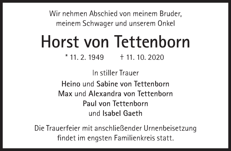  Traueranzeige für Horst von Tettenborn vom 31.10.2020 aus Süddeutsche Zeitung