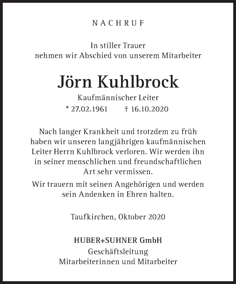  Traueranzeige für Jörn Kuhlbrock vom 31.10.2020 aus Süddeutsche Zeitung