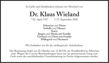 Traueranzeige von Klaus Wieland von Süddeutsche Zeitung