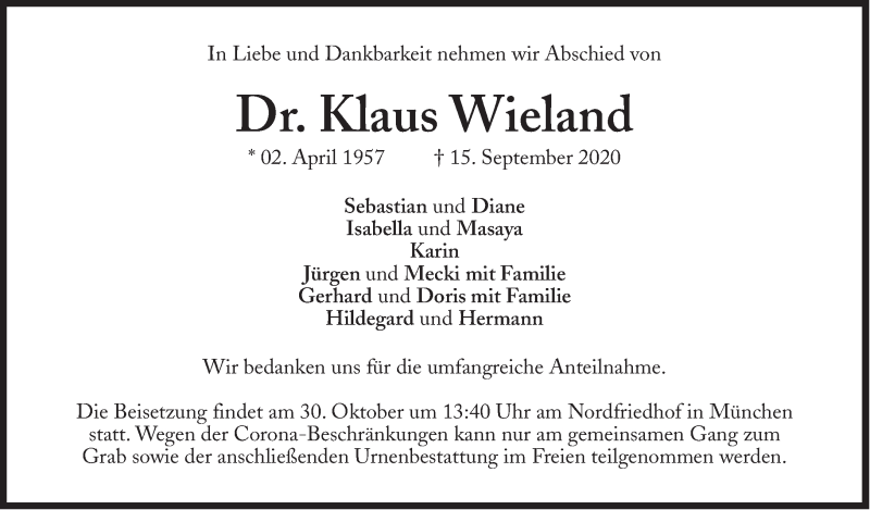  Traueranzeige für Klaus Wieland vom 17.10.2020 aus Süddeutsche Zeitung