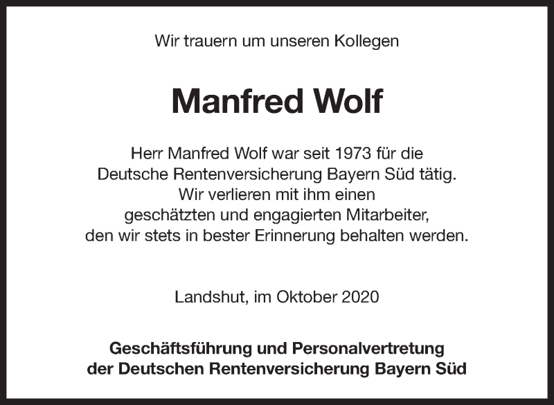  Traueranzeige für Manfred Wolf vom 10.10.2020 aus Süddeutsche Zeitung