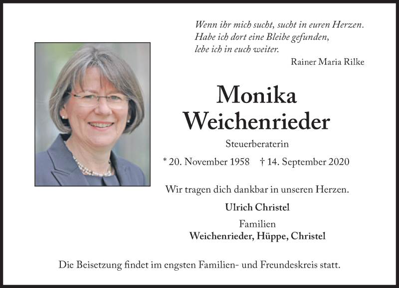  Traueranzeige für Monika Weichenrieder vom 02.10.2020 aus Süddeutsche Zeitung