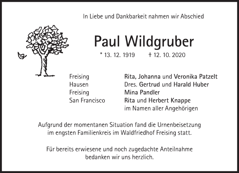  Traueranzeige für Paul Wildgruber vom 31.10.2020 aus Süddeutsche Zeitung