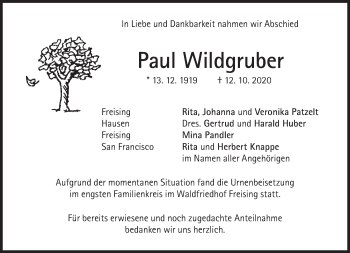 Traueranzeige von Paul Wildgruber von Süddeutsche Zeitung