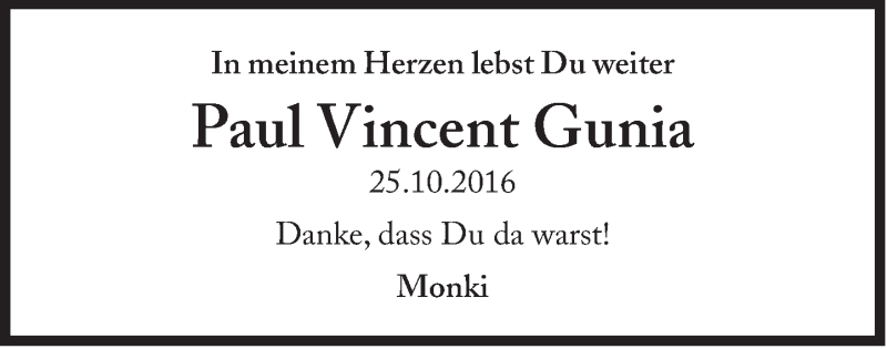  Traueranzeige für Paul Vincent Gunia vom 24.10.2020 aus Süddeutsche Zeitung