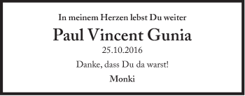 Traueranzeige von Paul Vincent Gunia von Süddeutsche Zeitung