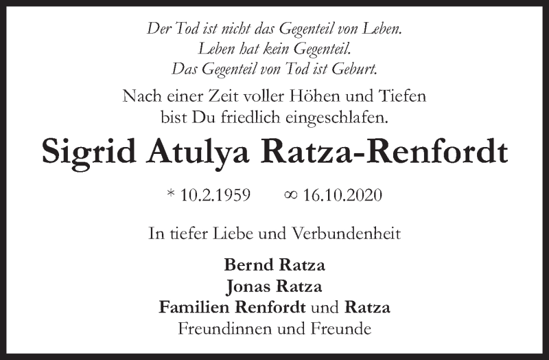  Traueranzeige für Sigrid Atulya Ratza-Renfordt vom 24.10.2020 aus Süddeutsche Zeitung
