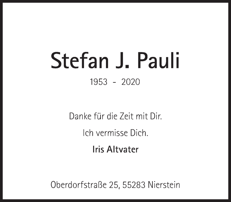  Traueranzeige für Stefan J. Pauli vom 02.10.2020 aus Süddeutsche Zeitung