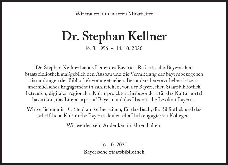  Traueranzeige für Stephan Kellner vom 17.10.2020 aus Süddeutsche Zeitung