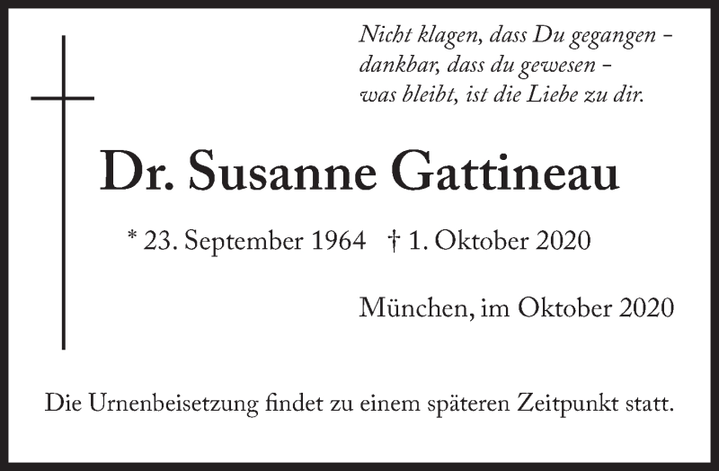  Traueranzeige für Susanne Gattineau vom 10.10.2020 aus Süddeutsche Zeitung