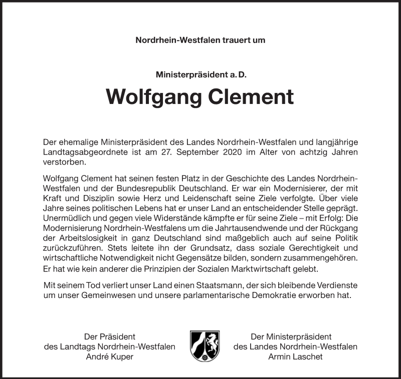  Traueranzeige für Wolfgang Clement vom 02.10.2020 aus Süddeutsche Zeitung