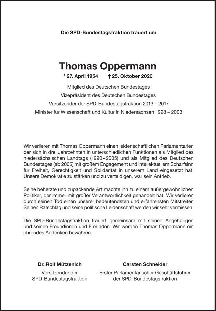  Traueranzeige für Thomas Oppermann vom 30.10.2020 aus Süddeutsche Zeitung