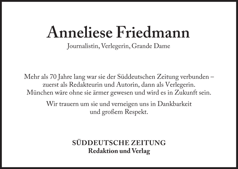  Traueranzeige für Anneliese Friedmann vom 10.11.2020 aus Süddeutsche Zeitung