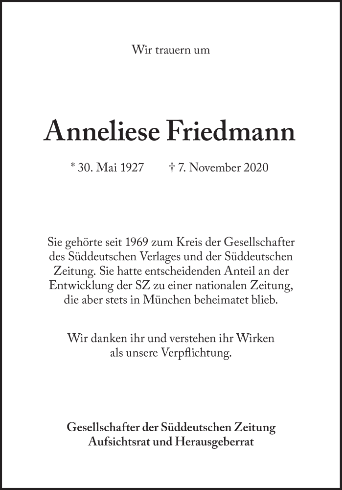  Traueranzeige für Anneliese Friedmann vom 10.11.2020 aus Süddeutsche Zeitung