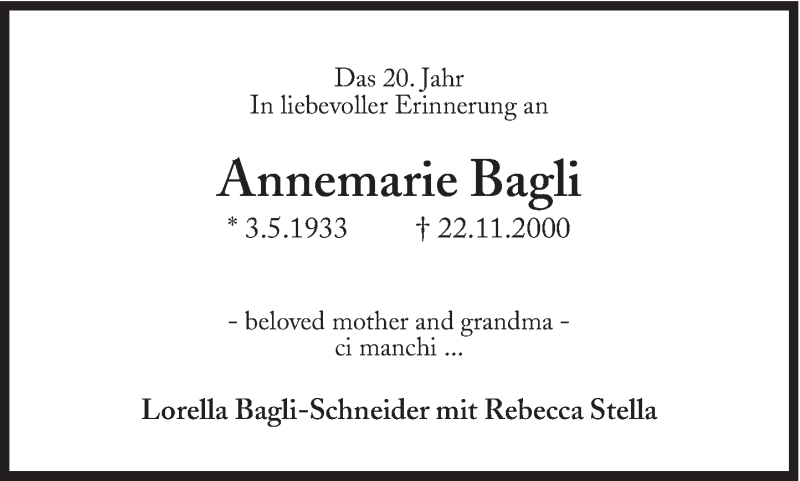  Traueranzeige für Annemarie Bagli vom 21.11.2020 aus Süddeutsche Zeitung
