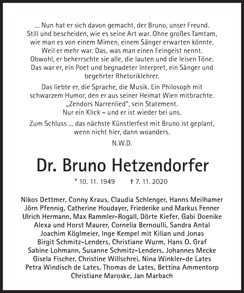  Traueranzeige für Bruno Hetzendorfer vom 21.11.2020 aus Süddeutsche Zeitung