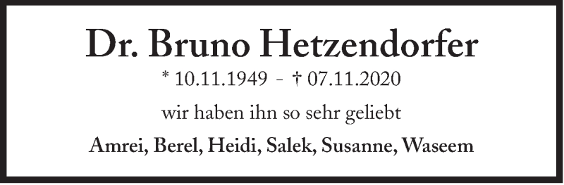  Traueranzeige für Bruno Hetzendorfer vom 28.11.2020 aus Süddeutsche Zeitung