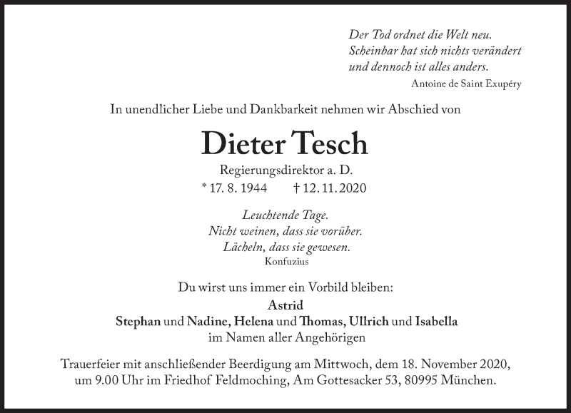  Traueranzeige für Dieter Tesch vom 17.11.2020 aus Süddeutsche Zeitung