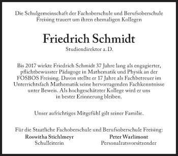 Traueranzeige von Friedrich Schmidt von Süddeutsche Zeitung