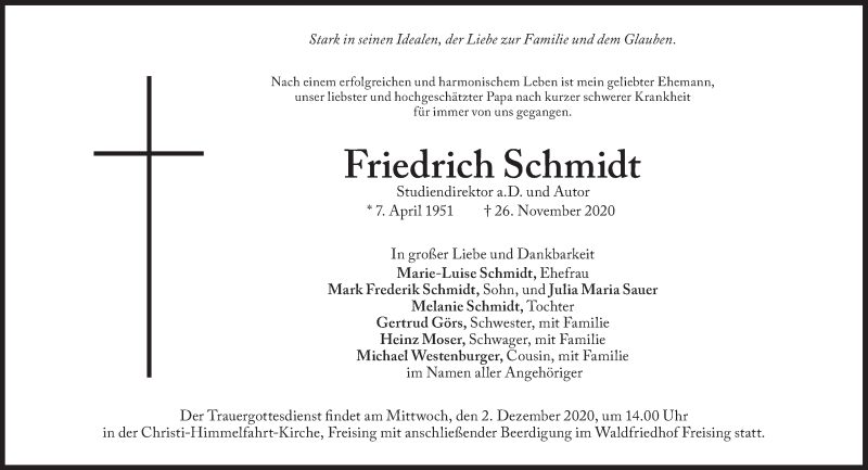  Traueranzeige für Friedrich Schmidt vom 30.11.2020 aus Süddeutsche Zeitung