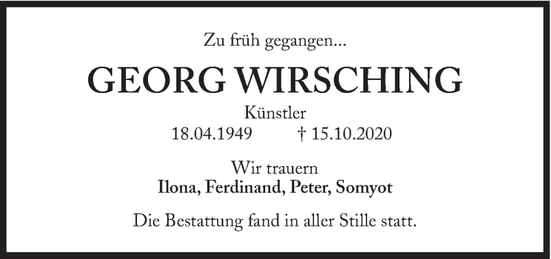  Traueranzeige für Georg Wirsching vom 07.11.2020 aus Süddeutsche Zeitung