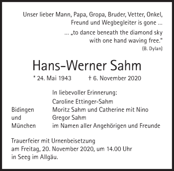 Traueranzeige von Hans-Werner Sahm von Süddeutsche Zeitung