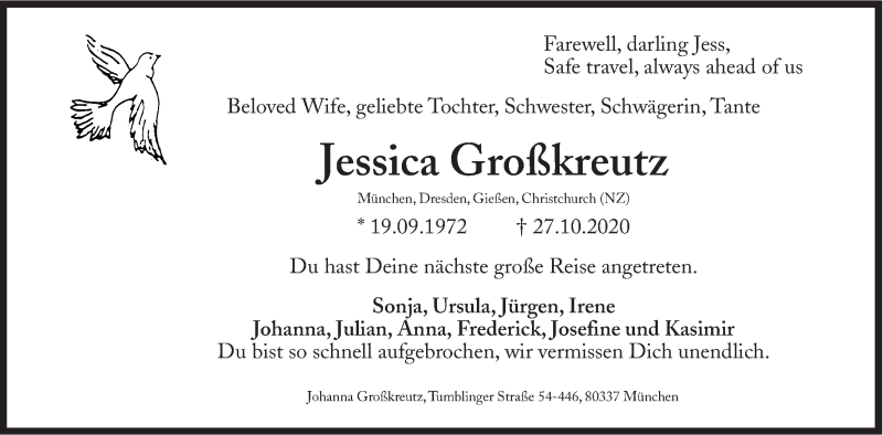  Traueranzeige für Jessica Großkreutz vom 28.11.2020 aus Süddeutsche Zeitung