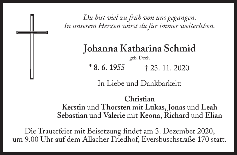  Traueranzeige für Johanna Katharina Schmid vom 30.11.2020 aus Süddeutsche Zeitung