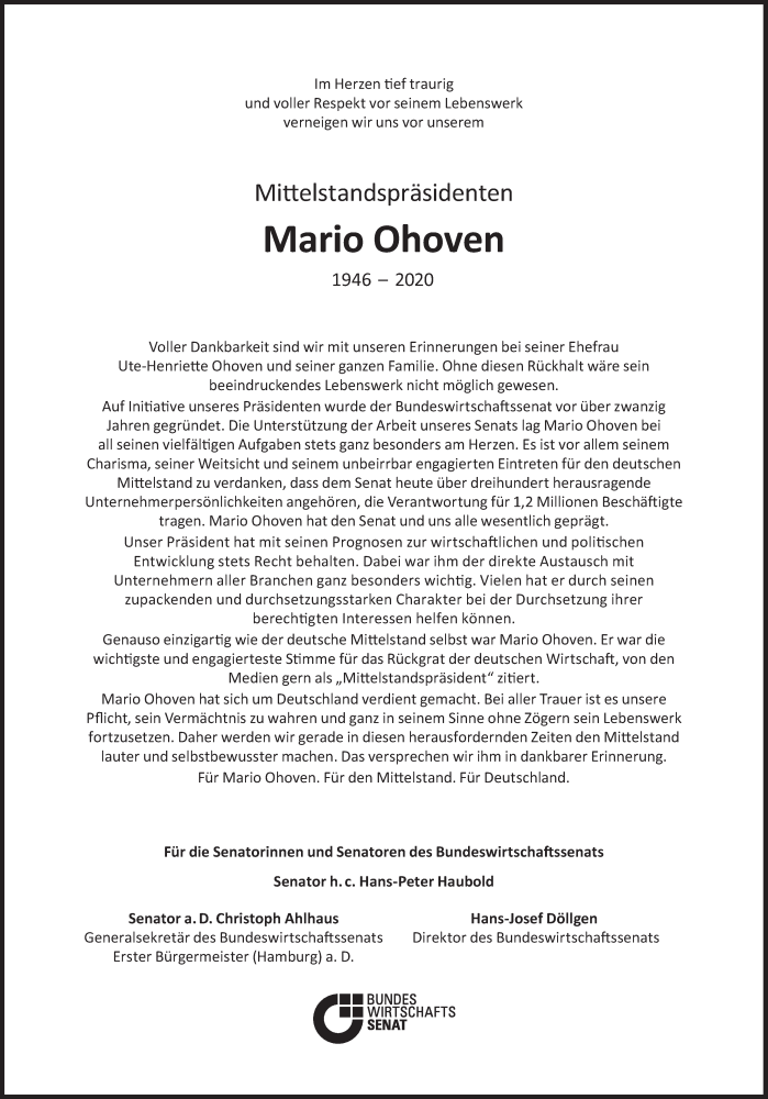  Traueranzeige für Mario Ohoven vom 07.11.2020 aus Süddeutsche Zeitung