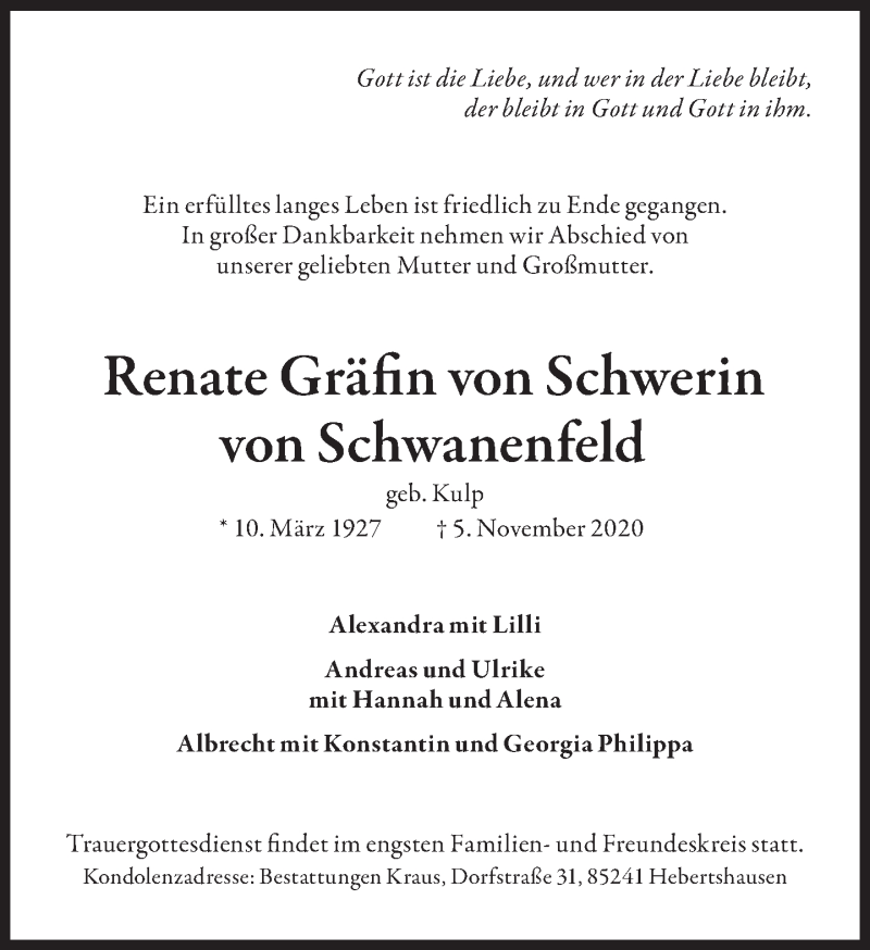  Traueranzeige für Renate  von Schwerin von Schwanenfeld vom 14.11.2020 aus Süddeutsche Zeitung