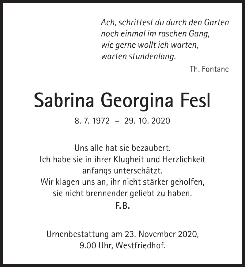  Traueranzeige für Sabrina Georgina Fesl vom 14.11.2020 aus Süddeutsche Zeitung