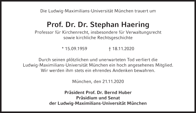  Traueranzeige für Stephan Haering vom 21.11.2020 aus Süddeutsche Zeitung