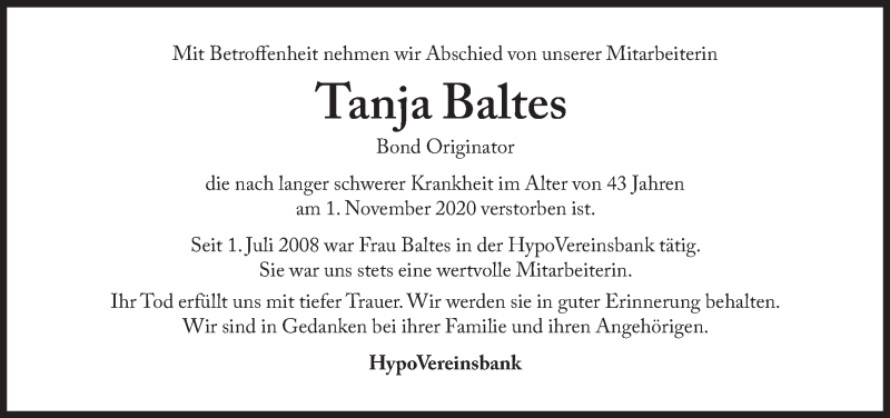  Traueranzeige für Tanja Baltes vom 27.11.2020 aus Süddeutsche Zeitung