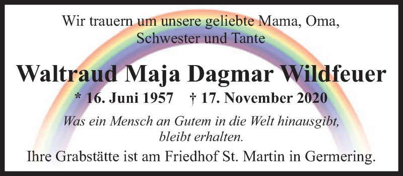  Traueranzeige für Waltraud Maja Dagmar Wildfeuer vom 21.11.2020 aus Süddeutsche Zeitung