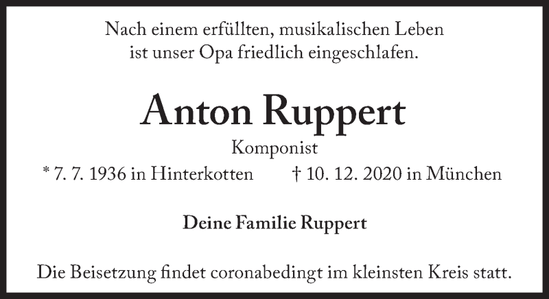  Traueranzeige für Anton Ruppert vom 15.12.2020 aus Süddeutsche Zeitung