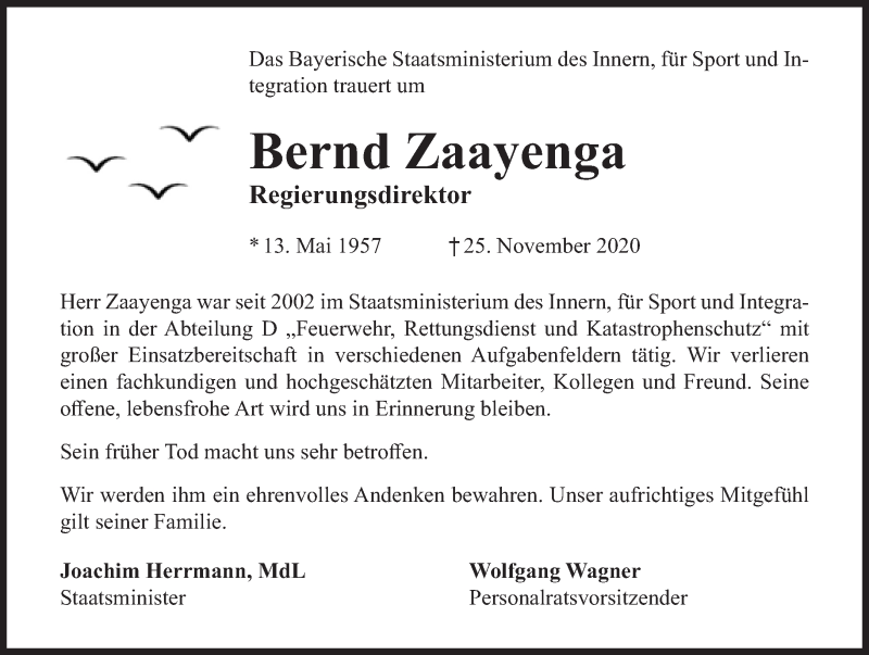  Traueranzeige für Bernd Zaayenga vom 05.12.2020 aus Süddeutsche Zeitung