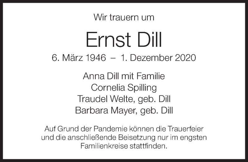  Traueranzeige für Ernst Dill vom 12.12.2020 aus Süddeutsche Zeitung