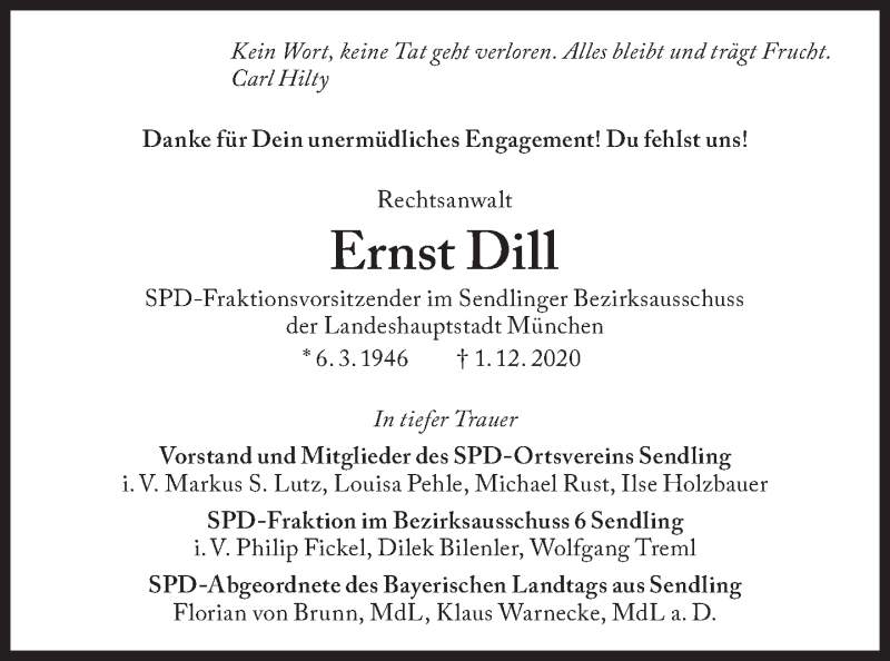 Traueranzeige für Ernst Dill vom 12.12.2020 aus Süddeutsche Zeitung