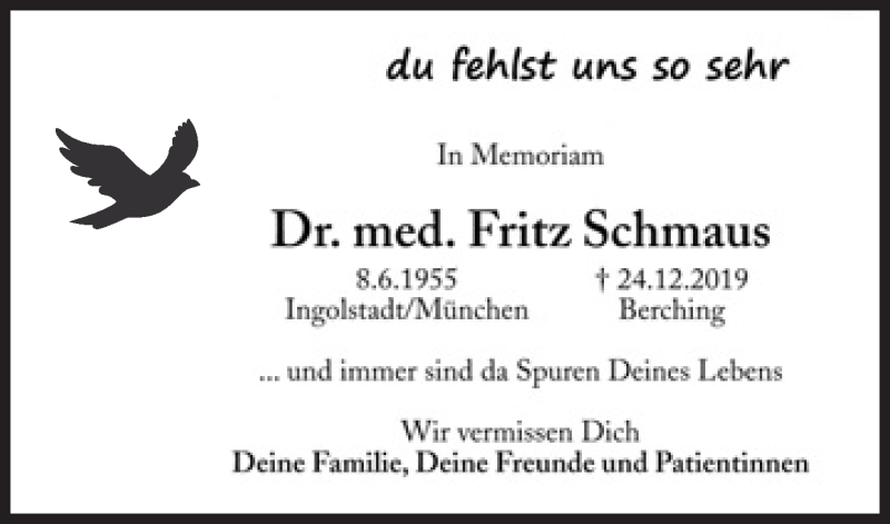 Traueranzeige für Fritz Schmaus vom 24.12.2020 aus Süddeutsche Zeitung