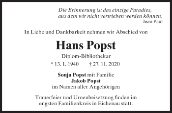 Traueranzeige von Hans Popst von Süddeutsche Zeitung