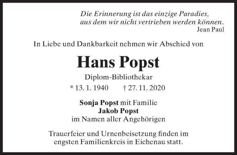  Traueranzeige für Hans Popst vom 05.12.2020 aus Süddeutsche Zeitung